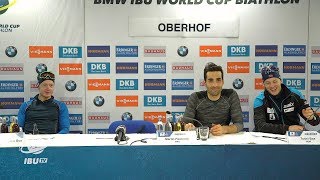 Martin fourcade, johannes thingnes boe and tarjei talk to the press
after bmw ibu world cup pursuit in oberhof.