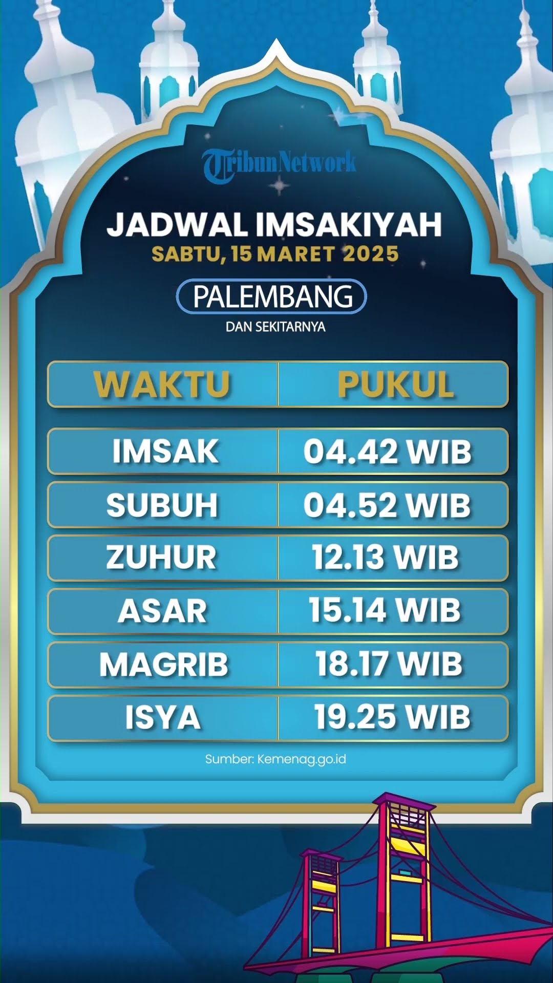 Jadwal Imsakiyah Palembang Besok Sabtu 15 Maret 2025, Lengkap dengan Jadwal Sholat dan Buka Puasa