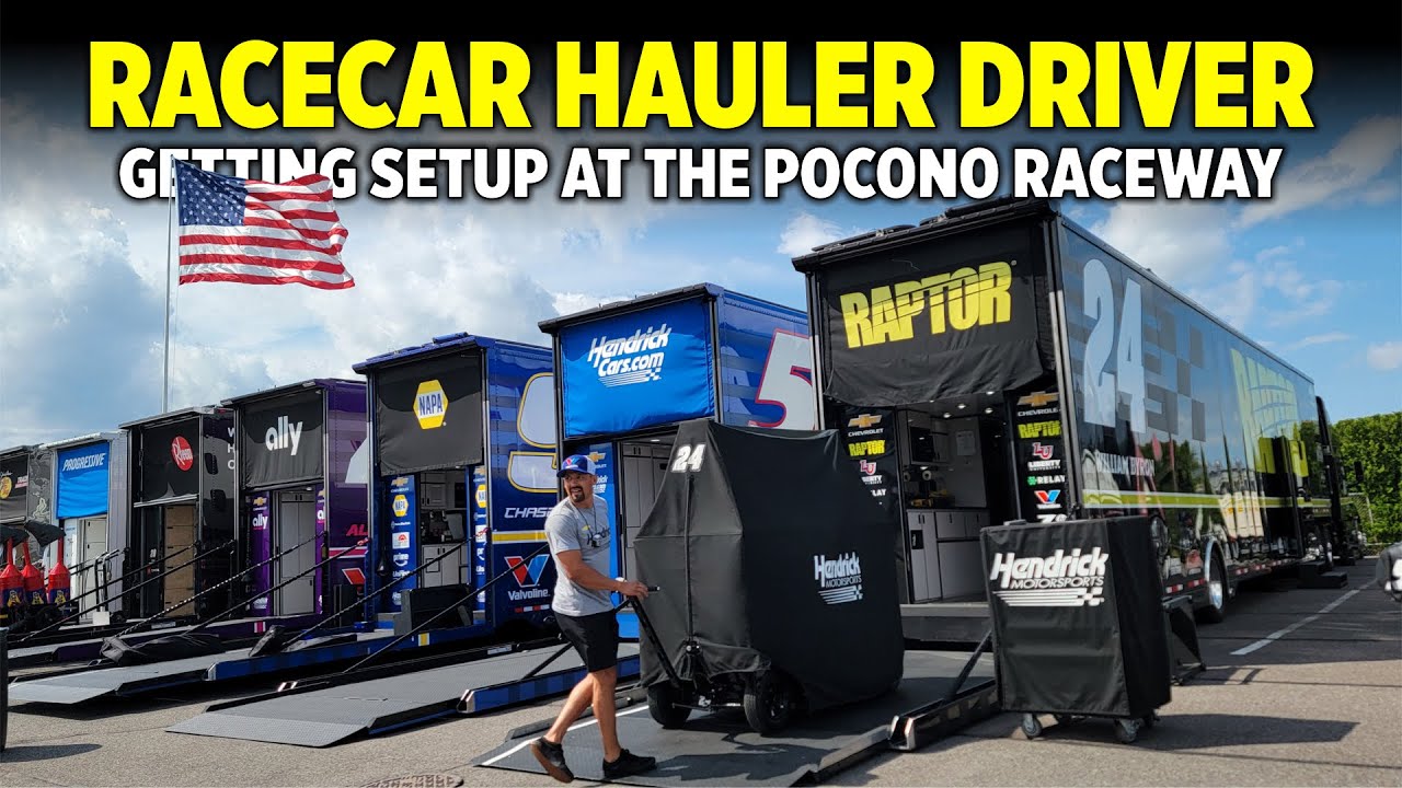 Getting a racecar hauler setup for a NASCAR race at the Pocono Raceway