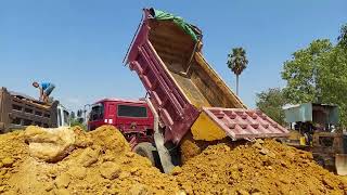 Dump trucks vs Bulldozer are operating on construction. #bulldozer #excavator #dumptruck