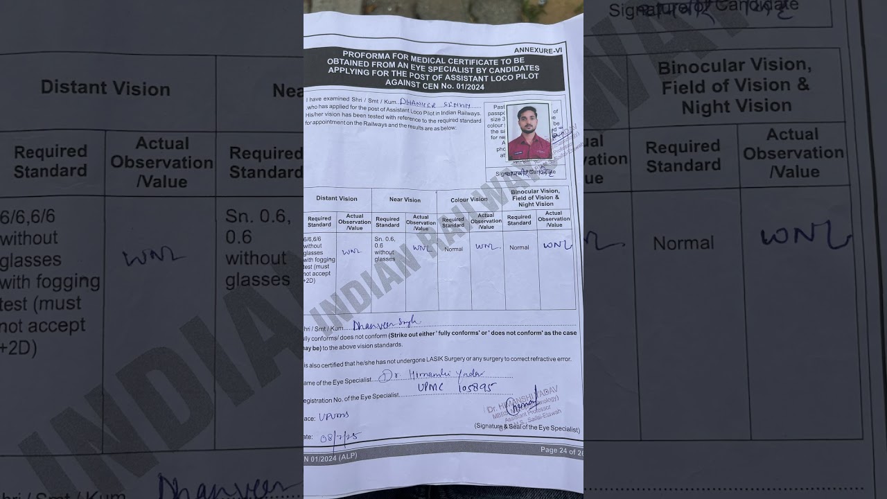 RRB alp vision certificate 