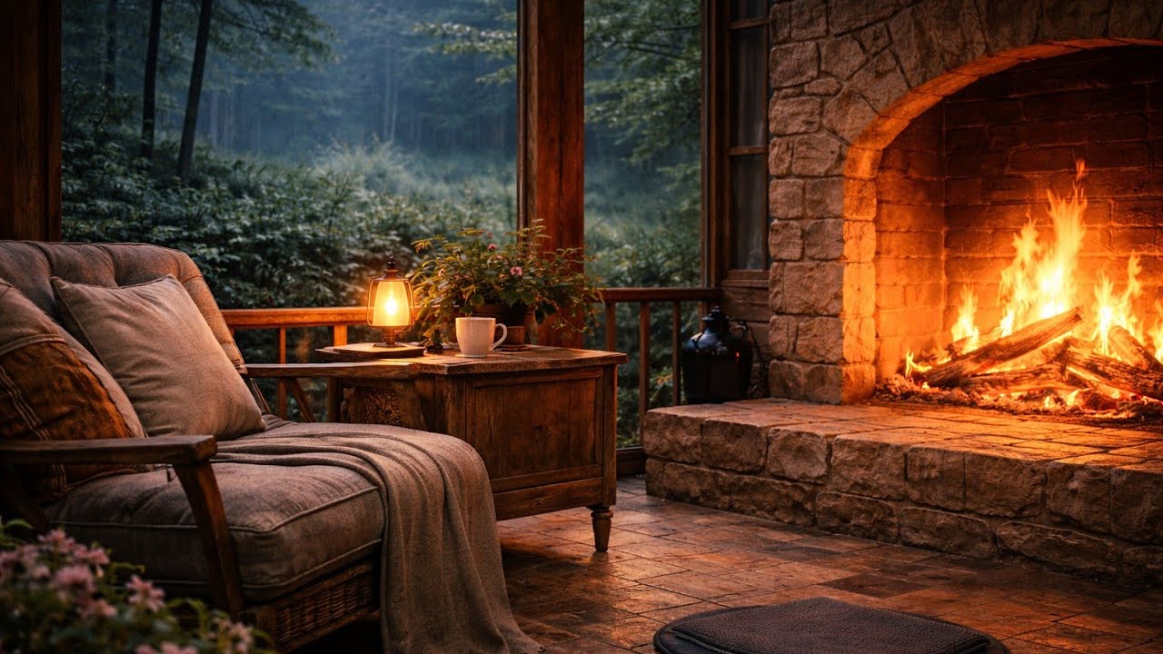 Cozy Evening Jazz Ambience | Rainy Fireplace Cabin for Relaxation (4 Hours)
