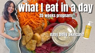 WHAT I EAT IN A DAY 25 Weeks Pregnant + Easy Belly Skincare! Chatting Braxton Hicks + Glucose Test!