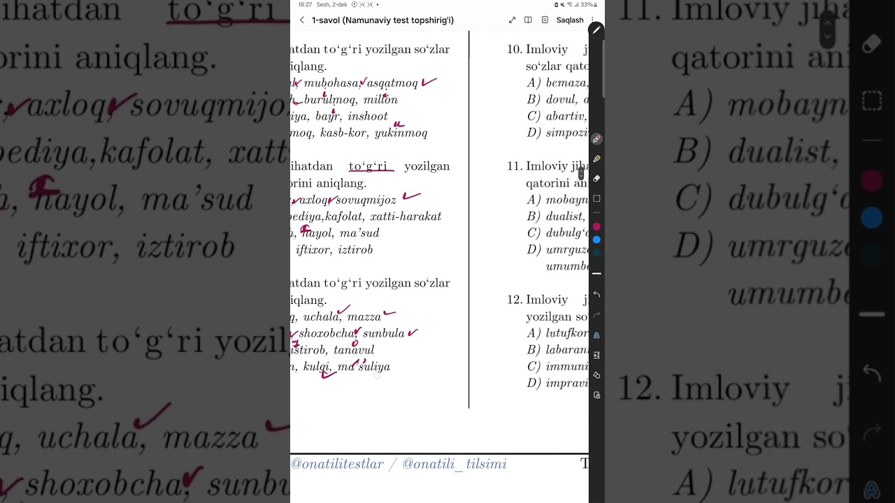 Imloga oid testlar tahlili MS 1-2-test