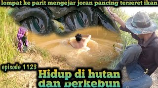 lompat ke parit mengejar joran pancing di seret ikan warta petani muda hidup di hutan