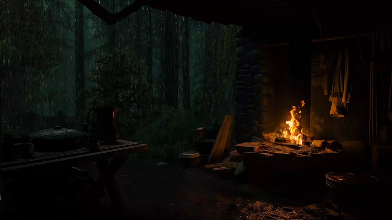 Cozy Cabin Ambience in Rainy Night | Fireplace & Rain Sounds for Sleep ...