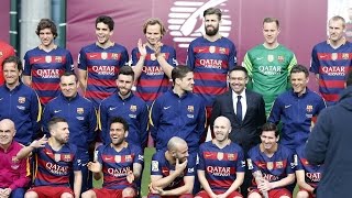 The fc barcelona first team squad posed for official 2015/16 photo at
ciutat esportiva joan gamper on monday in company of coaching staff
and...