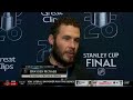 Brayden McNabb speaks with E.J. Hradek ahead of Game 5