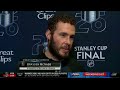 Brayden McNabb speaks with E.J. Hradek ahead of Game 5