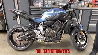 MT-07 Yamaha stock vs Akrapovic exhaust vs baffle delete