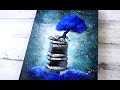 Magical Blue Tree growing on a Stack of Books | Abstract Art | Easy Acrylic Painting for Beginners