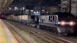 【4K高画質】【ジョイント音最高！】JR貨物EF210形0番台12号機（新塗装・キャラ桃）＋コキ26B（両）が大船駅を通過するシーン（1050レ・岡A17・コンテナ輸送）2022.11.5
