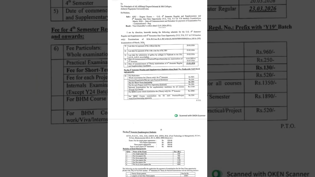 Anu-2026 Ug 4th Sem Regular & Supply Exam Fee Schedule Released.