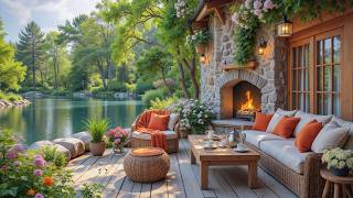 Cozy Lakeside Porch on a Spring Morning 🌸 Soft Piano & Warm Fireplace Glow for Focus, Study screenshot 5