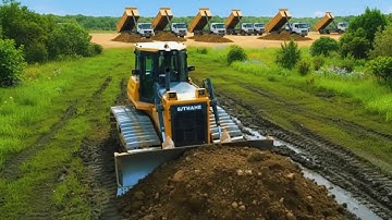 Operator Mastering Shantui Dozer & 5 Ton Dump Truck​ Pushing Fill the field with soil