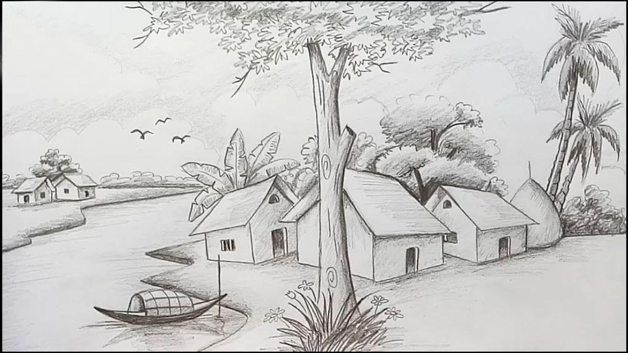 Beautiful Landscape Sunset Scenery Drawing | Landscape Drawing Tutorial | Pencil  drawing Easy - YouTube