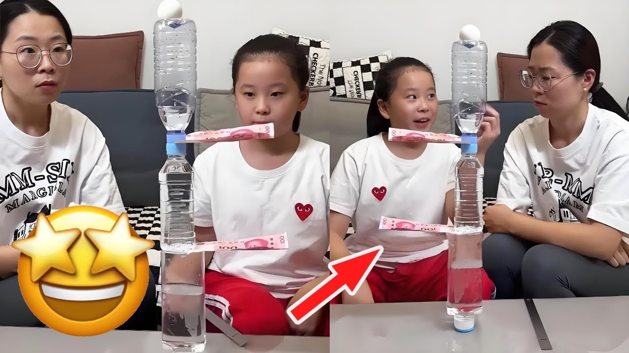 超高难度挑战，闺女挑战不碰到水瓶拿出200元钱，妈妈又直眼了！【大然和淼淼】