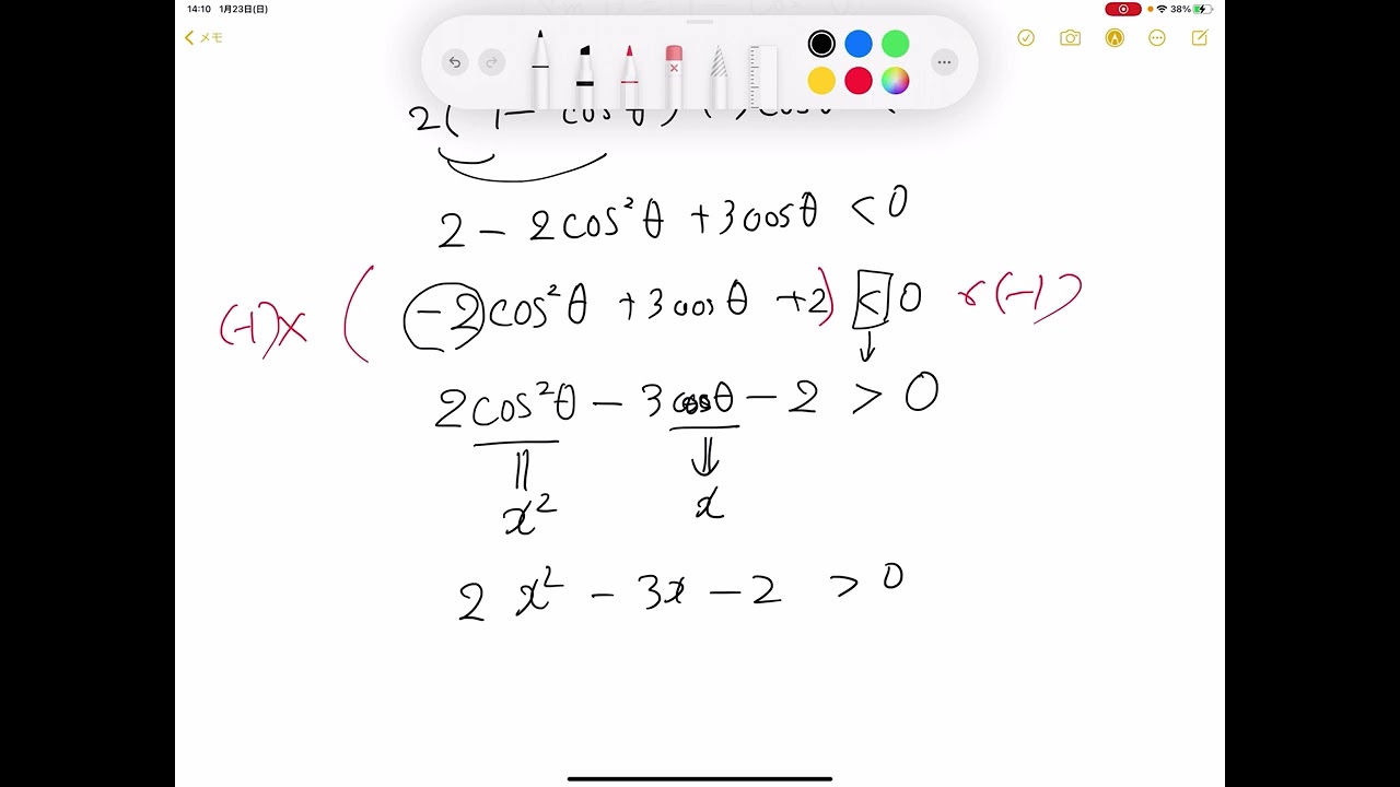 （黄チャート 数1 例題115）2次の三角方程式・不等式