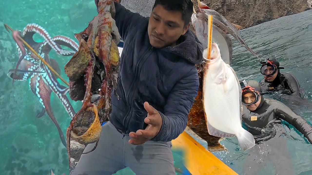 Wou! Pescador Extrae grandes Lenguados y Pulpos en las profundidades del mar con técnica del Arpón