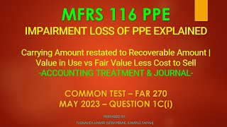 MFRS 116 PPE| IMPAIRMENT OF PPE EXPLAINED |ACCOUNTING TREATMENT & JOURNAL| FAR270|CT MAY2023 Q1C(i)
