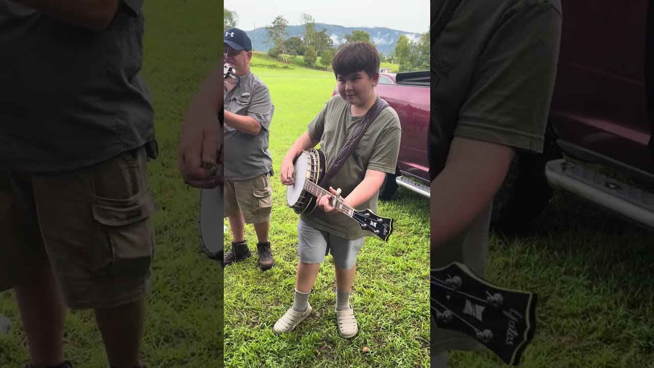 Nine Mile Bluegrass Festival Aug 2023.  Derek playing a Yates Banjo Skillet Head, no tone ring.