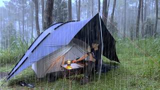 SOLO CAMPING IN REAL HEAVY RAIN  RELAXING CAMPING WITH RAIN SOUNDS  ASMR