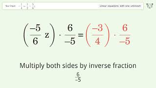 Linear equation with one unknown: Solve -1/4=1/2-5/6z step-by-step solution