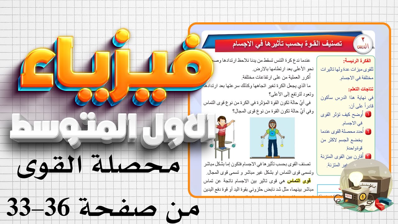 فيزياء اول متوسط صفحة 33 تصنيف القوة بحسب تاثيرها في الاجسام وشرح محصلة القوة صفحة 36