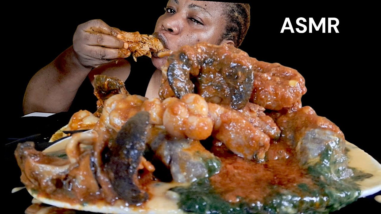 African food ASMR mukbang Amala and ewedu with beans soup (mukbang eating Sound)