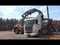 4K| Volvo L180H High Lift Unloading A Scania R730 Timber Truck