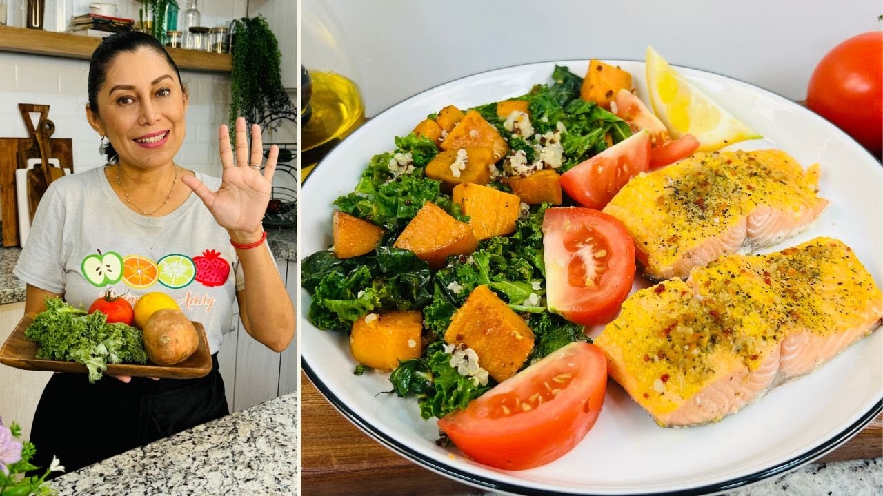 Menú Diario P/Evitar Inflamación, Grasa y Azúcar. Salmón al Romero con Acelgas. CENA FITNESS, GODIN.