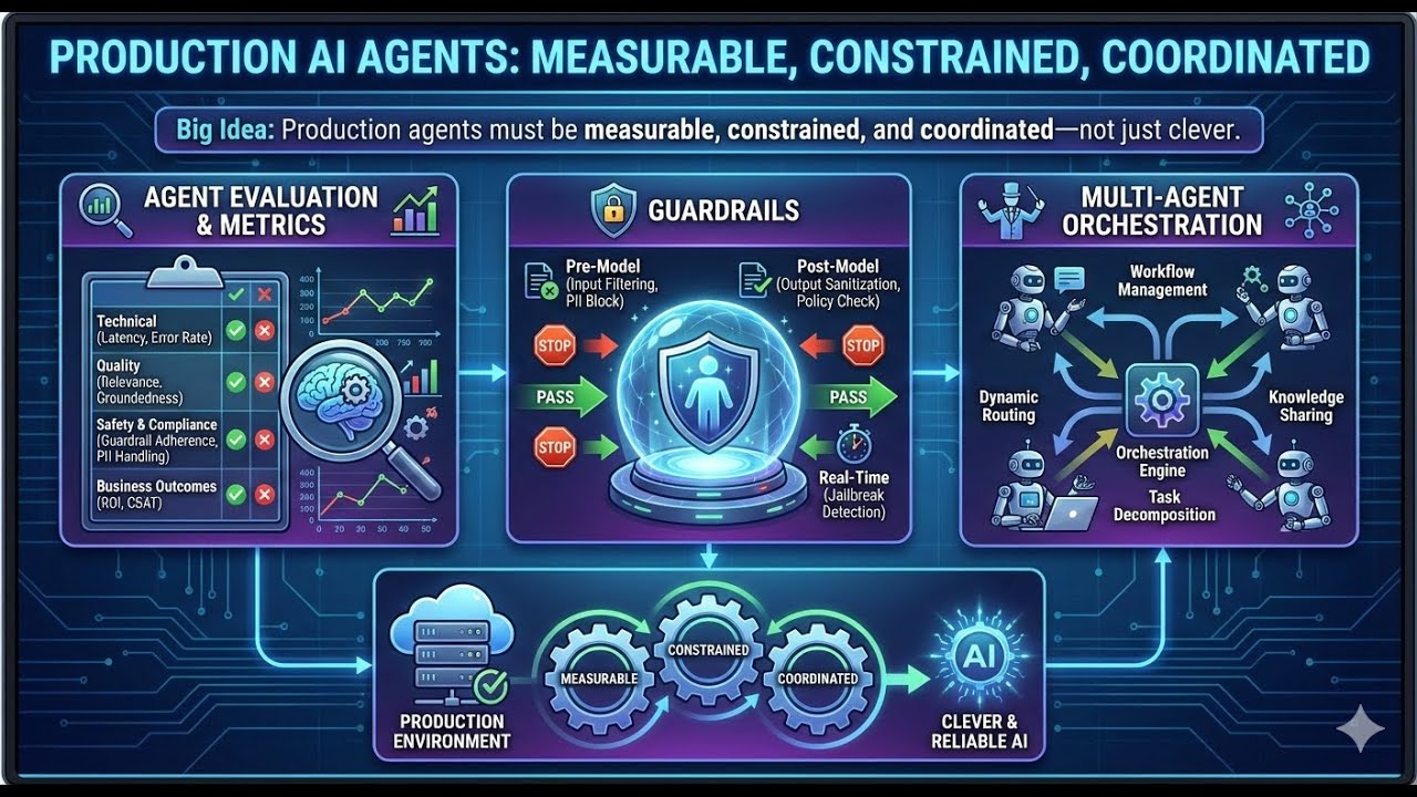 Agent evaluation, metrics & guardrails & Multi-agent orchestration patterns