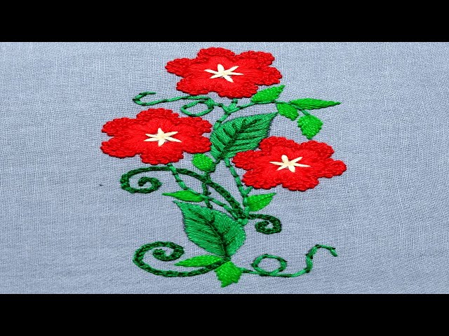 Cute Hand Embroidery Red flowers with green leaves,Premium Embroidery pattern-117, Miss_A