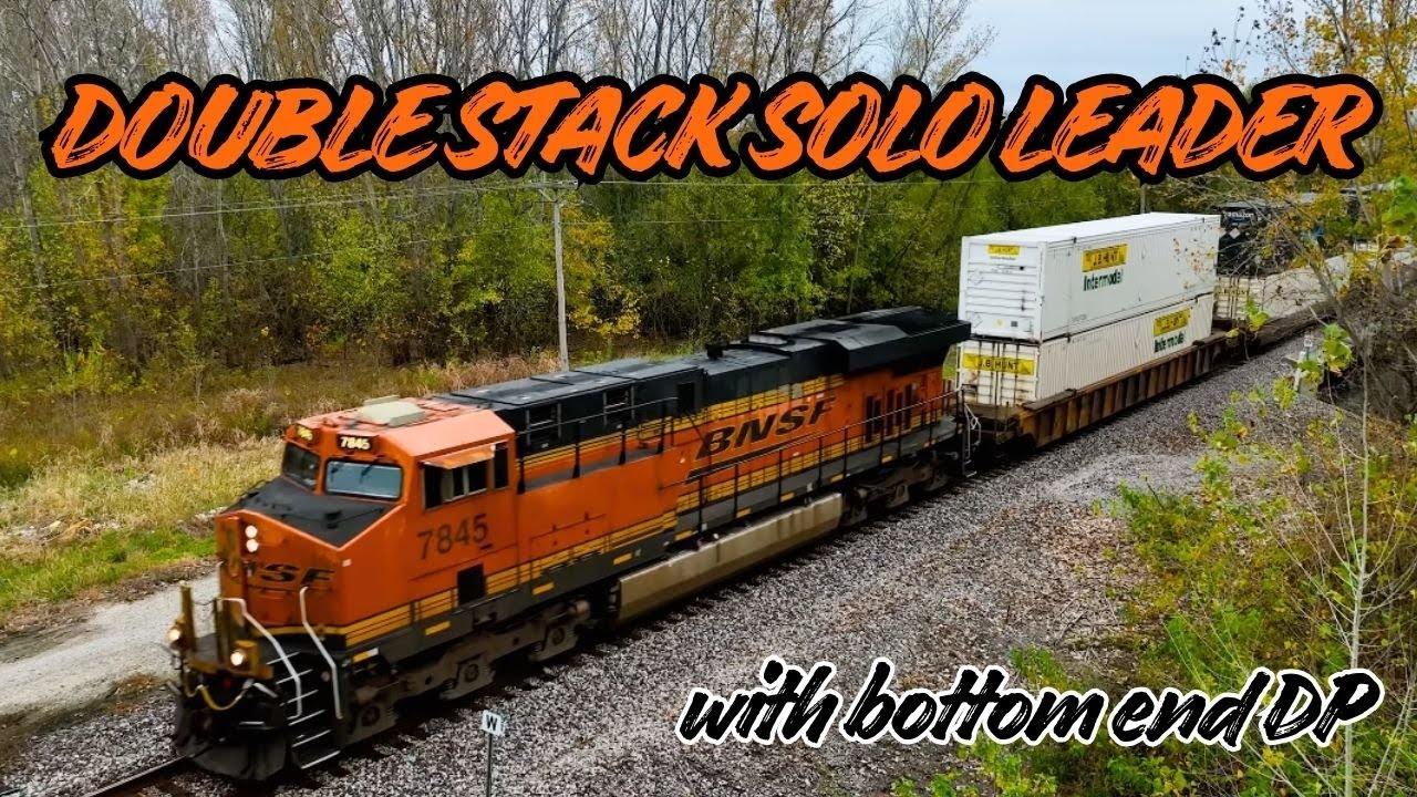 Fall drone chase of a solo leader on a double stack approaching Hardin, MO