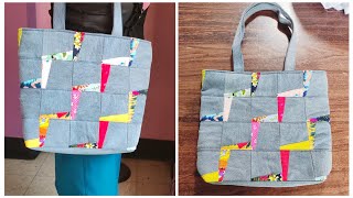 Este bolso lo hicimos con material reciclado: retazos de jeans, tela estampada y bolsillos #tutorial