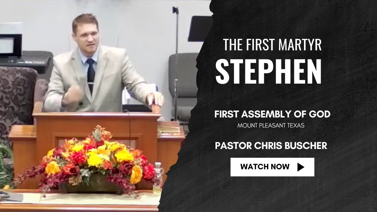 Pastor Chris Buscher preaching from Acts 6–7 about Stephen, the first Christian martyr, and the cost of following Jesus.