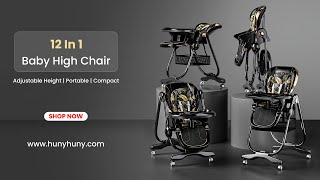 12-in-1 Luxury Baby High Chair with Manual Swing | HunyHuny Gold Edition SmartSeat (Black & Gold)