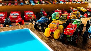 Disney Pixar Cars falling into deep pool, Lightning McQueen, Tow Mater, Mack, Sally, Francesco