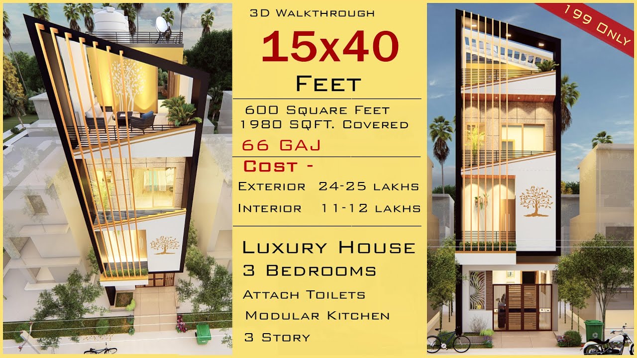15*40 Home Design 3D | 3 BHK | 600 Square Feet | 15y40 House Design | HouseDoctorZ