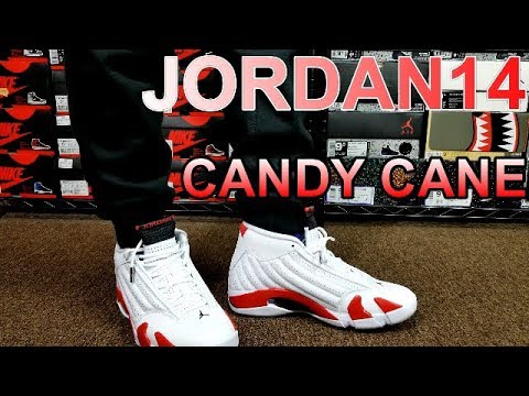 retro 14 candy cane on feet