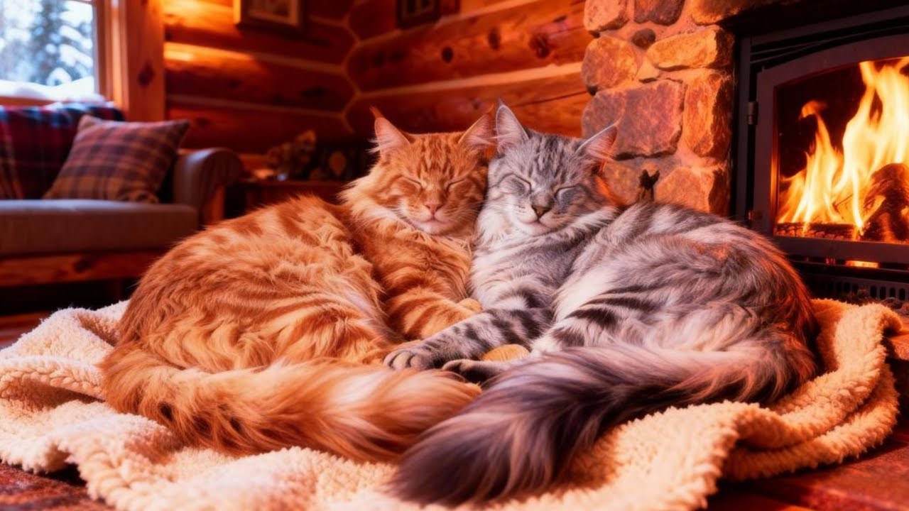 Deep Relaxation Sounds ❄️ Snowfall Outside Window, Fireplace & Cat Purring