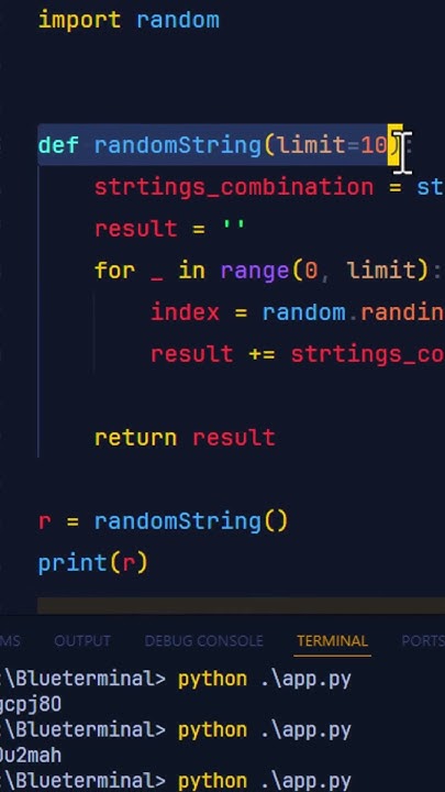 Random String generator in python #blueterminal #shorts - YouTube