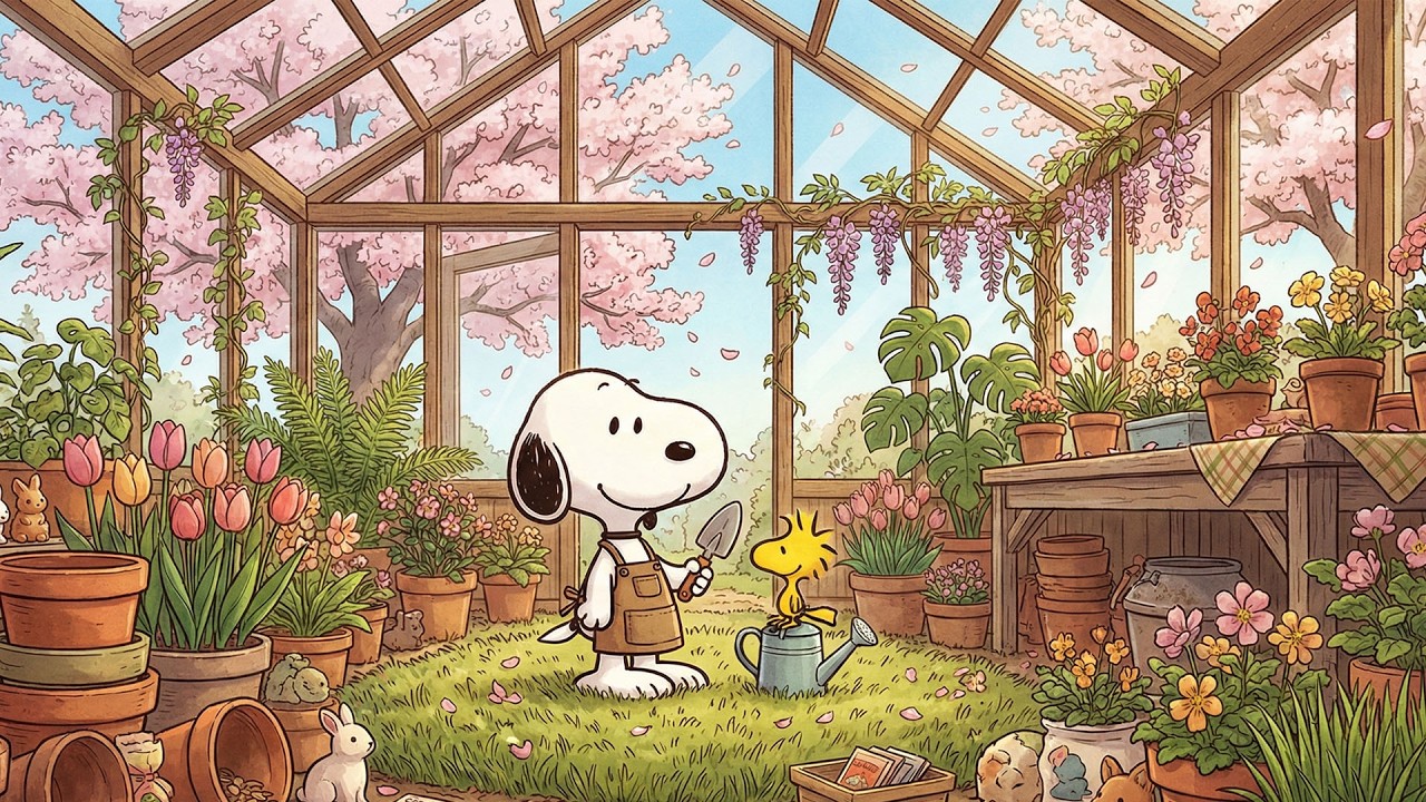 Сад с цветущей сакурой и Снупи 🌷🌿 Расслабляющий джаз для хорошего настроения и умиротворяющих мом...