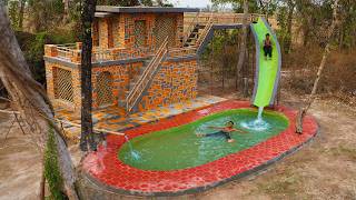 Full Construction Of a Survival Luxury House With Water Slide Swimming Pool