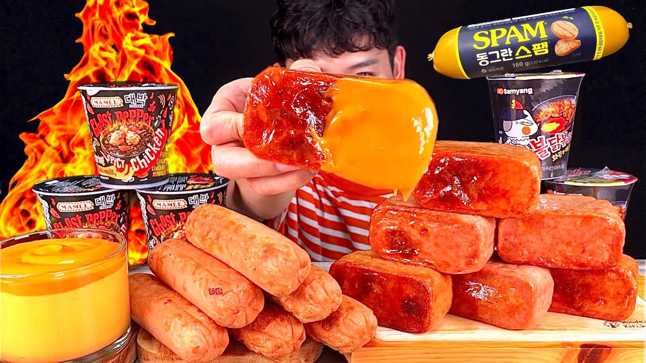 ASMR 먹다죽을뻔..🥵고스트페퍼라면 불닭볶음면과 동그란 통스팸 치즈소스 찍먹방~!! Ghost Pepper With Whole Spam Grilled MuKBang~!!