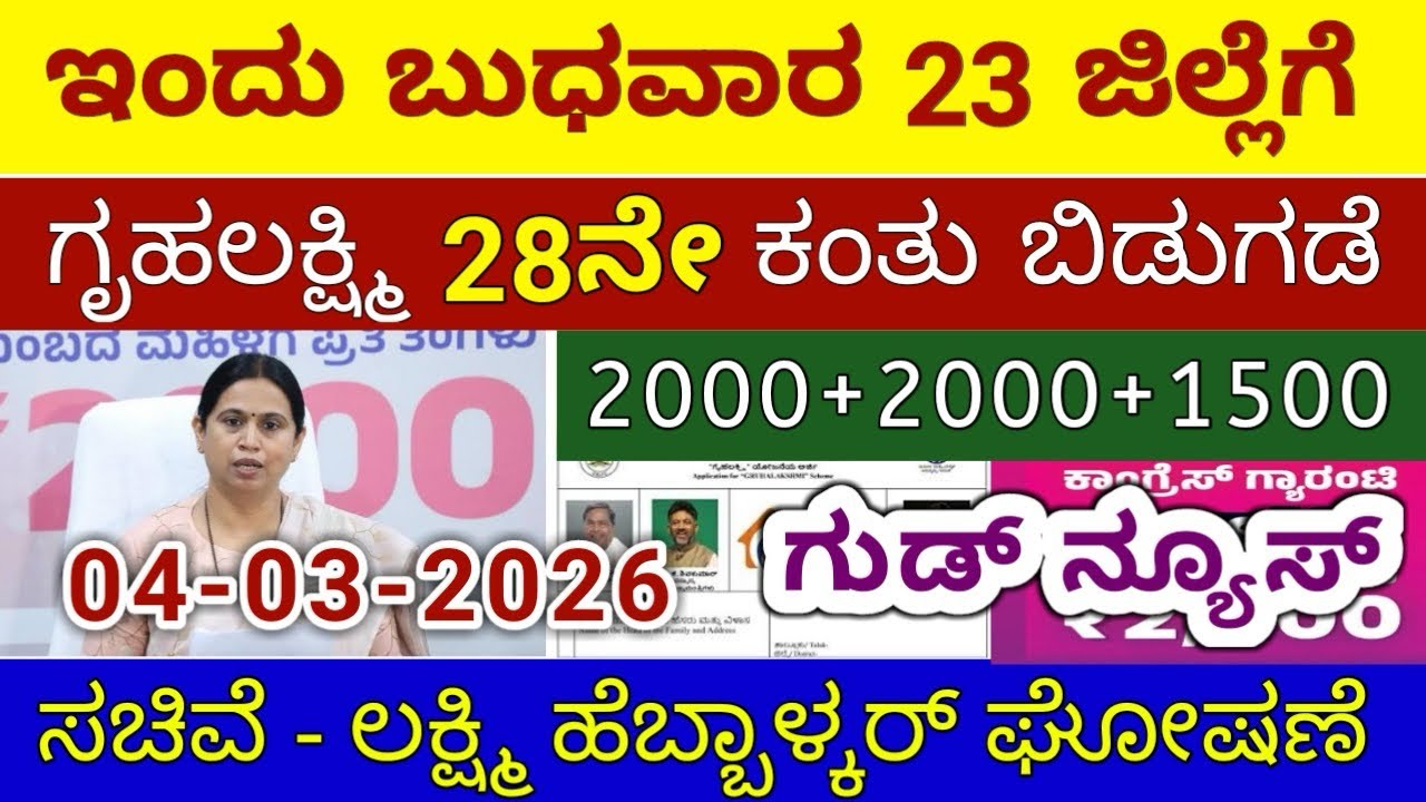 ಗೃಹಲಕ್ಷ್ಮಿ 28ನೇ ಕಂತು ₹4000 ಬುಧವಾರ 23 ಜಿಲ್ಲೆಗೆ ಬಿಡುಗಡೆ - ಲಕ್ಷ್ಮಿ ಹೆಬ್ಬಾಳ್ಕರ್ | Gruhalakshmi Updates