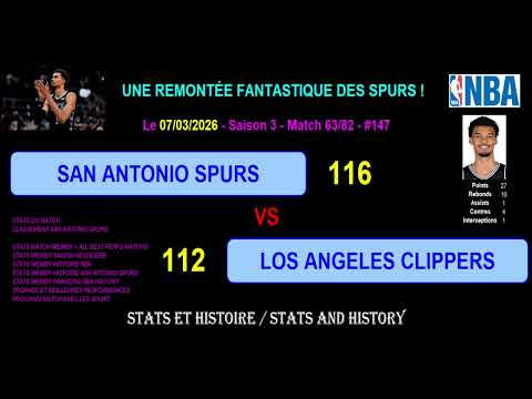SAN ANTONIO SPURS - LOS ANGELES CLIPPERS : 116-112 - DEBRIEF STATS MATCH WEMBY - SAISON 2025-2026