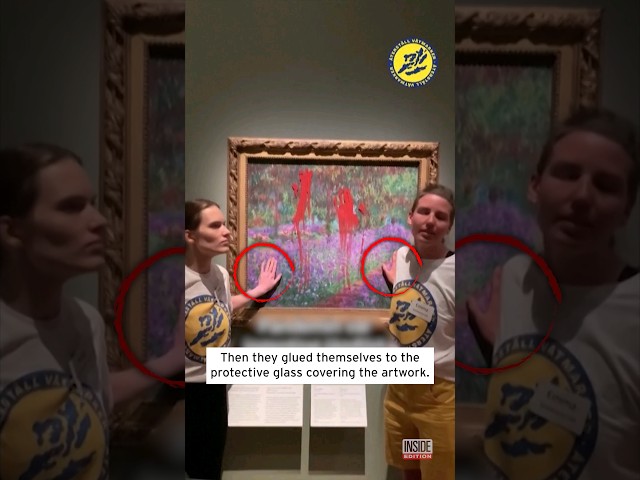 Climate Activists Glue Themselves to Monet Painting #shorts class=