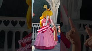 Princess Peach Mascot Playing Peek-A-Boo With A Baby At Super Nintendo World