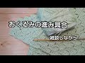 「編み物」おくるみの進み具合。雑談しながら